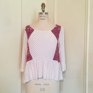Free People Hi Low Paisley & Dandelion Ruffle Blouse, 3/4 sleeves - MEDIUM